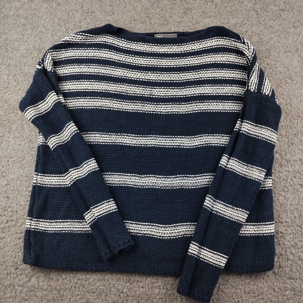 Vince Navy Blue White Striped Boat Neck Sweater XS Cotton Knit Long Sleeve Top